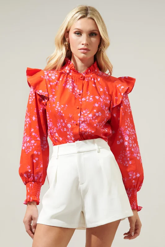 Ibis Floral Button Front Poplin Blouse