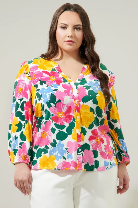 Kokomo Floral Martina Balloon Sleeve Button Down Blouse Curve