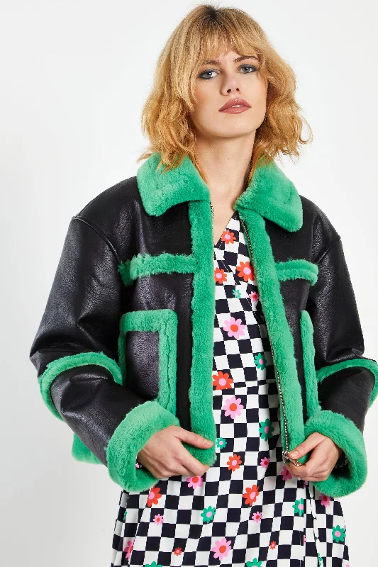 Glamorous Black Green Cropped Shearling Trim Coat