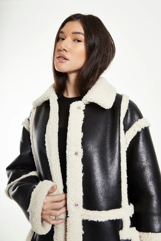 Glamorous Black Cream Long Shearling Seamed Coat with Collar