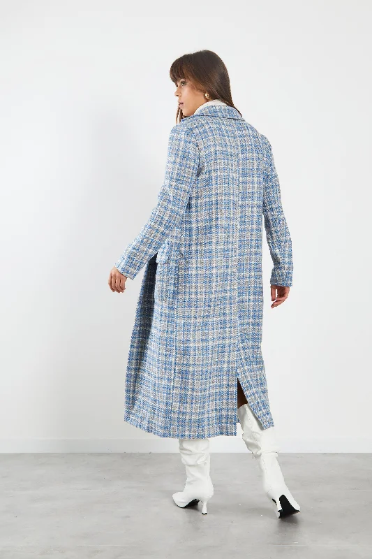 Glamorous Blue Grey Check Longline Coat with Front Pockets