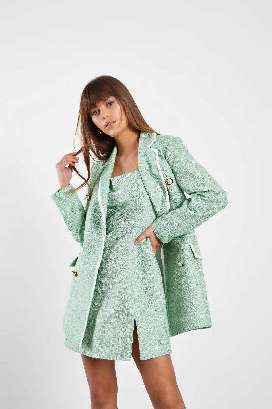 Glamorous Green Tweed White Oversized Blazer with Contrast Trim