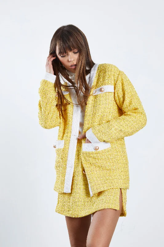 Glamorous Yellow Tweed White Oversized Blazer with Contrast Trim