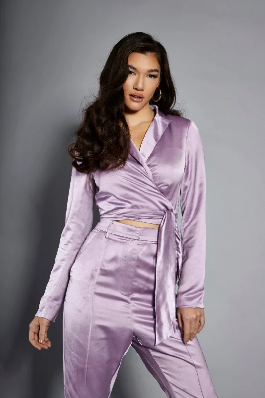 Glamorous Studio Lavender Satin Cropped Wrap Blazer