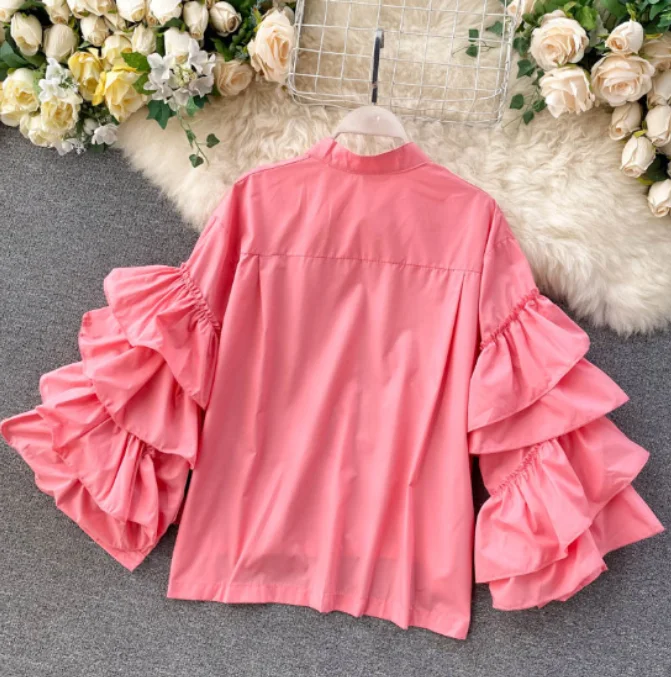 Latest Design Fashion Loose Ruffle Flare Sleeves Women Casual Blouse