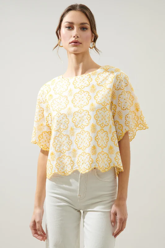 Limoncello Eyelet Short Sleeve Scalloped Top