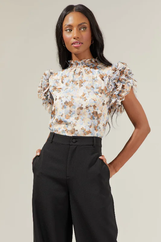 Luna Floral Brenna Mock Neck Ruffle Blouse