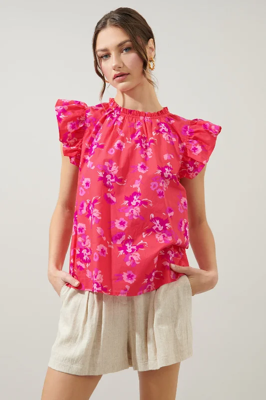 Magnolis Rhubarb Floral Veda Cap Sleeve Top