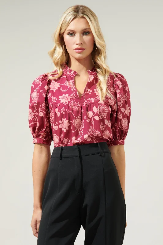 Mulberry Floral Delano Ruffle Split Neck Blouse