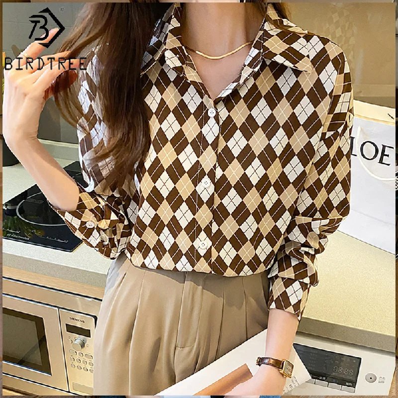 New In Women Geometry Printing Shirt 2022 Autumn Button Up Long Sleeves Female Cheap Clothes Chiffon Blouses Tops T27618X