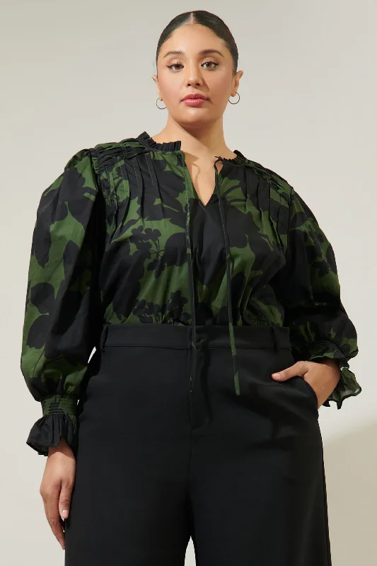 Night Moss Floral Russo Pleated Long Sleeve Blouse Curve