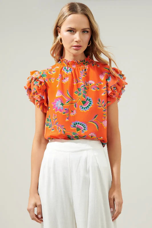 Papaya Floral Brenna Mock Neck Ruffle Blouse