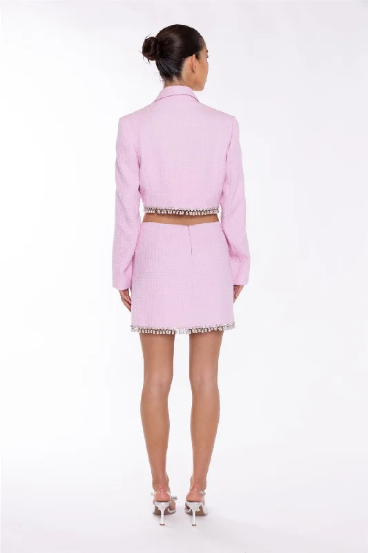 Pink-Tweed Diamante Trim Crop-Blazer