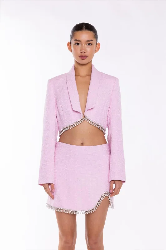 Pink-Tweed Diamante Trim Crop-Blazer