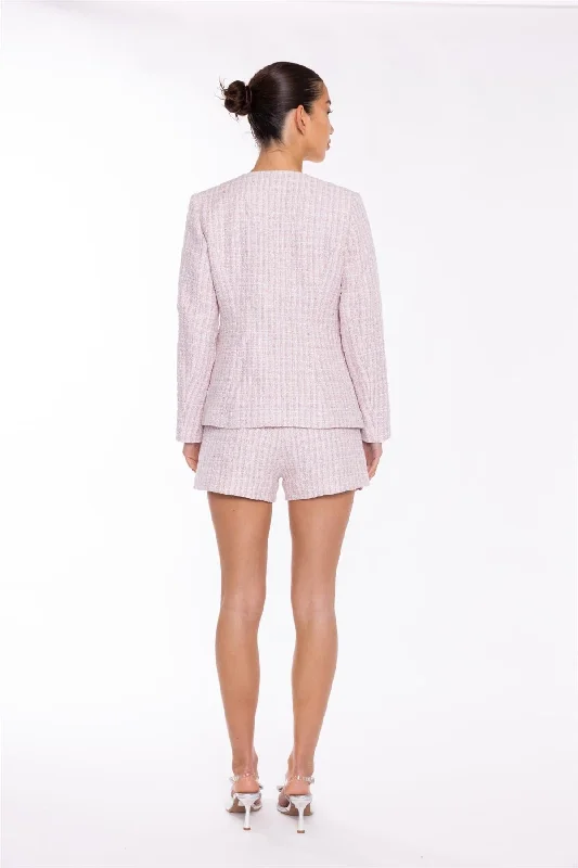 Pink-White Tweed Collarless -Blazer