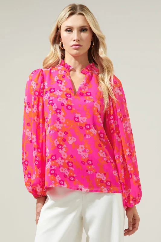 Poppy Punch Hathaway Split Neck Long Sleeve Blouse