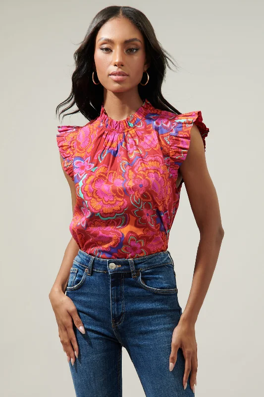 Raveena Floral Gabrielle Mock Neck Poplin Top