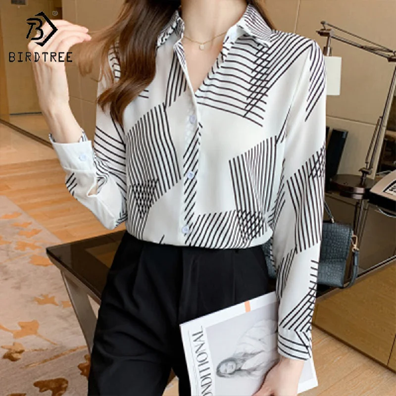 Ready to Ship Women's Long Sleeve Geometry Printing Shirts Elegant Casual Blouses Satin Shirt Tops For Spring Autumn