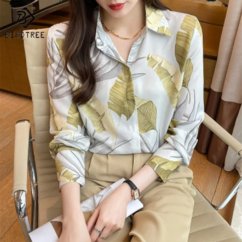 Real Shot 2022 Autumn New Blouses Fashion European and American Tropical Rainforest Printing Loose Long-Sleeved Shirts T28002X