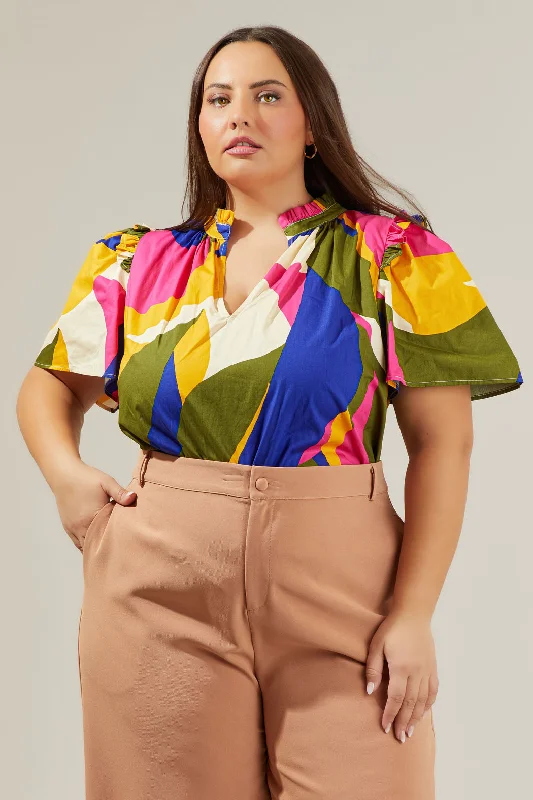 Rio Abstract Split Neck Poplin Top Curve