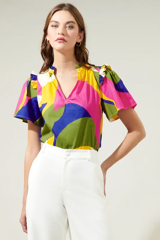 Rio Abstract Split Neck Poplin Top