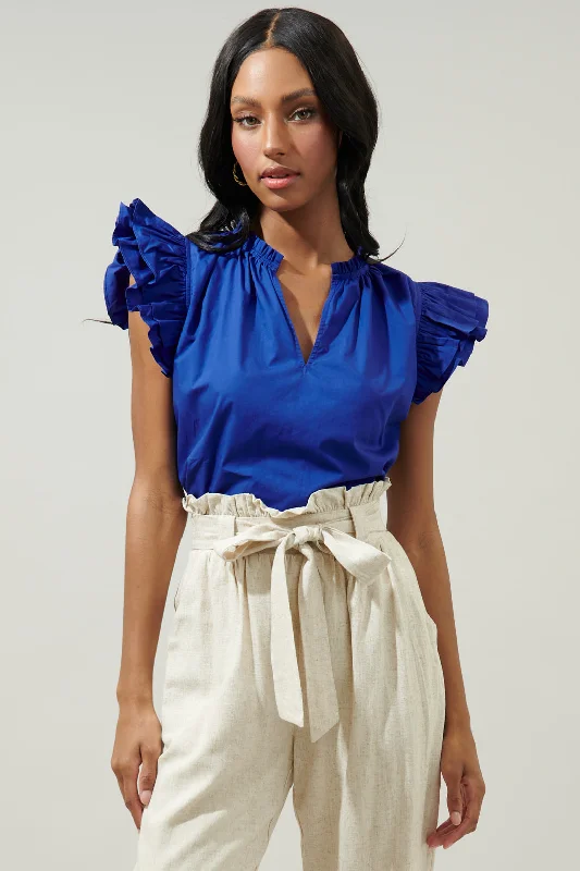 Risette Ruffle Cap Sleeve Split Neck Top