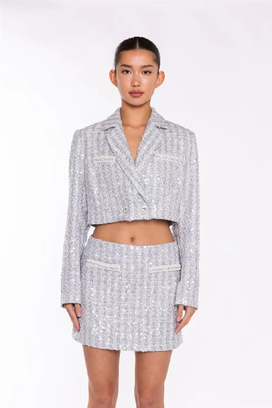 Silver-Tweed Double-Breasted Crop-Blazer