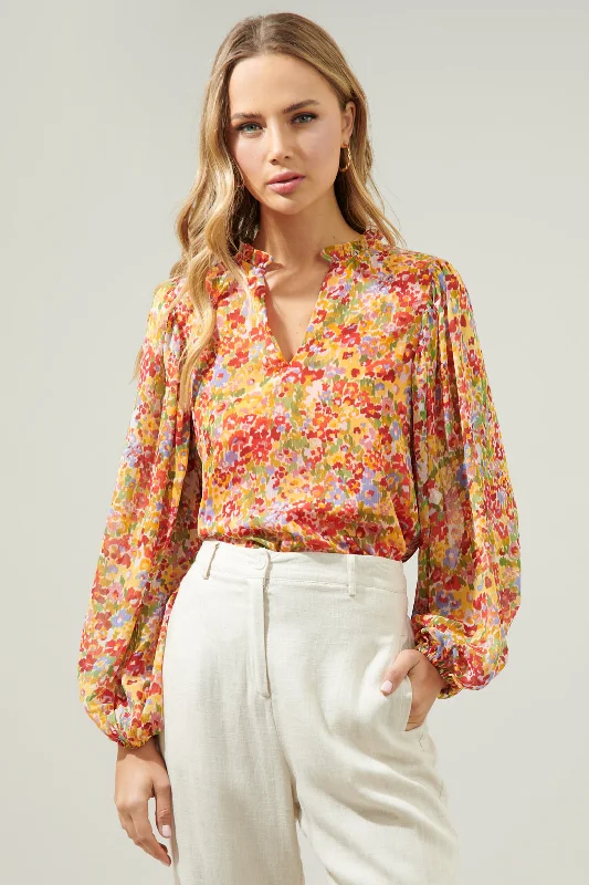 Spring Dream Floral Hathaway Split Neck Long Sleeve Blouse