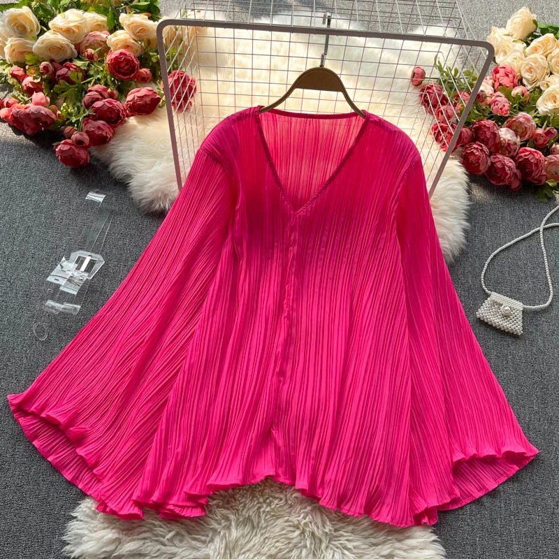 Summer Fashion Casual Street Shirts Women's Korean Chiffon Shirts Flared Sleeves V-Neck Pleated Solid Color Office Tops