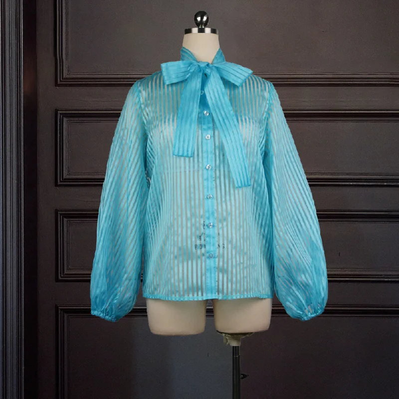 Summer Lantern Sleeves See Through Striped Bowtie Women Casual Blouse