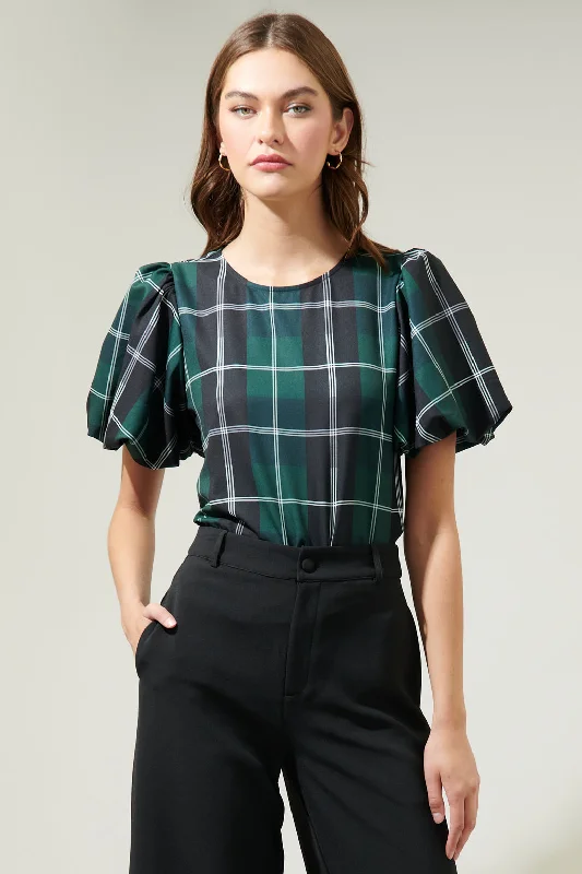 Sweet Beyond Plaid Puff Sleeve Blouse