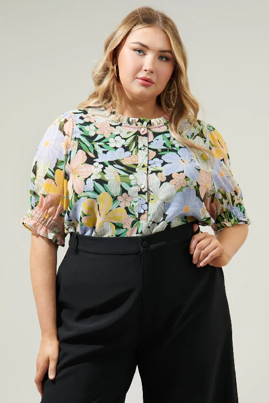 Topanga Floral Tailwind Henley Button Front Blouse Curve