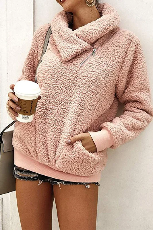 Winter Half Zipped Up Lapel Faux Fleece Sweatshirt Sherpa Pullover