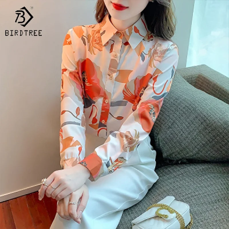 Women Long Sleeve Printed Shirts Elegant Casual Loose Blouses Chiffon Shirt Tops For Spring Autumn