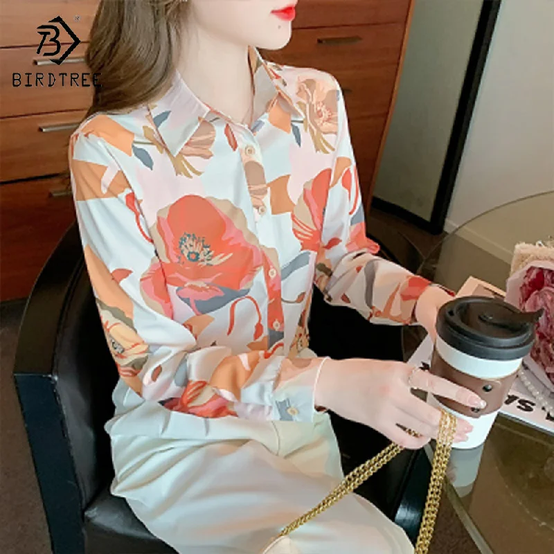 Women Long Sleeve Printed Shirts Elegant Casual Loose Blouses Chiffon Shirt Tops For Spring Autumn