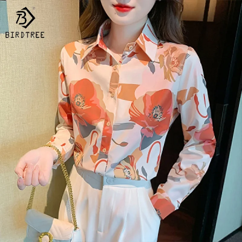 Women Long Sleeve Printed Shirts Elegant Casual Loose Blouses Chiffon Shirt Tops For Spring Autumn