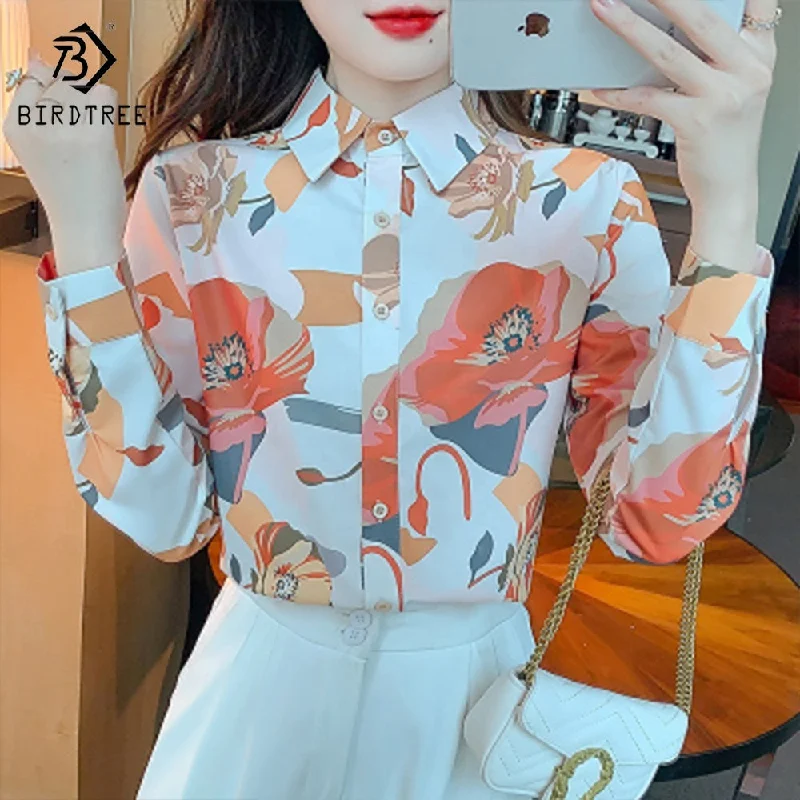 Women Long Sleeve Printed Shirts Elegant Casual Loose Blouses Chiffon Shirt Tops For Spring Autumn