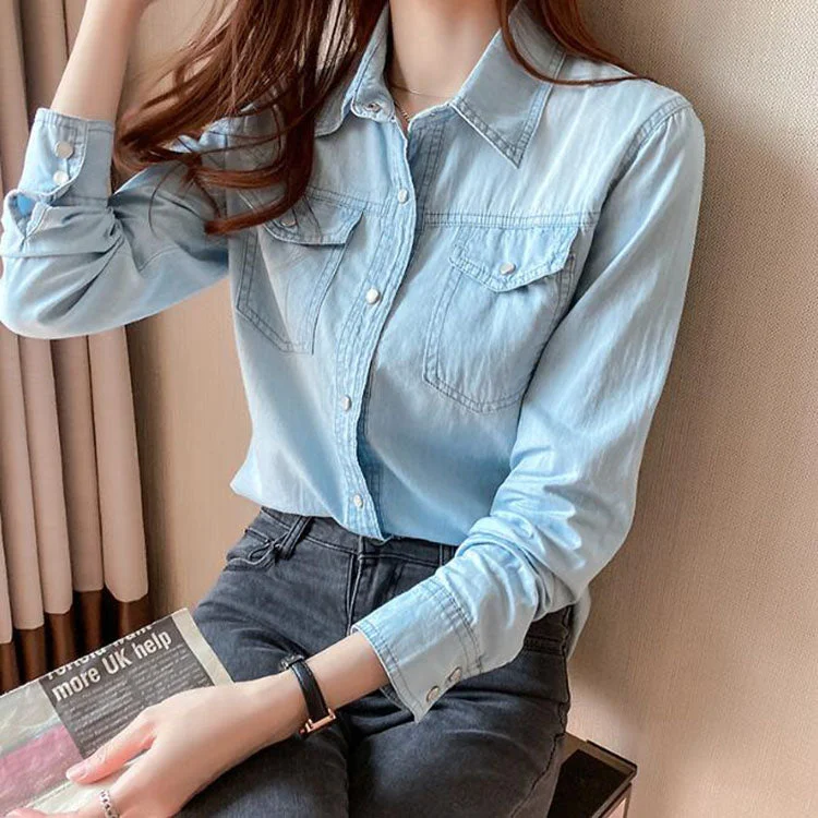 Women's Denim Shirt,Custom Autumn Slim Blue Denim Shirts for Women Casual Plain Long Sleeve Jean Shirt