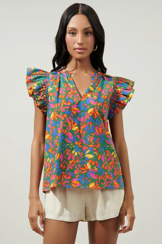 Zhade Tropics Risette Ruffle Cap Sleeve Split Neck Top